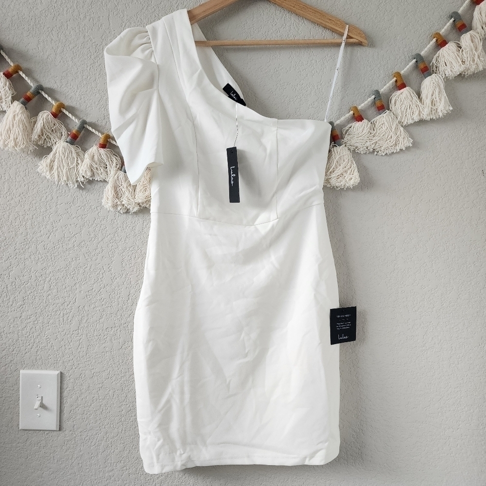 Lulus Stay Gorgeous White One Shoulder Puff Sleeve Mini Dress Elegant Formal M